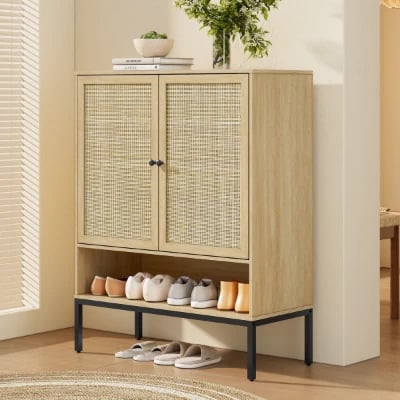 Marisse – Natural Wood Shoe Cabinet with Rattan Doors