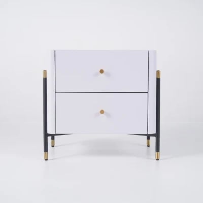 Haki Nightstand – Natural Wood Frame with Faux Marble Top and Dual Drawers