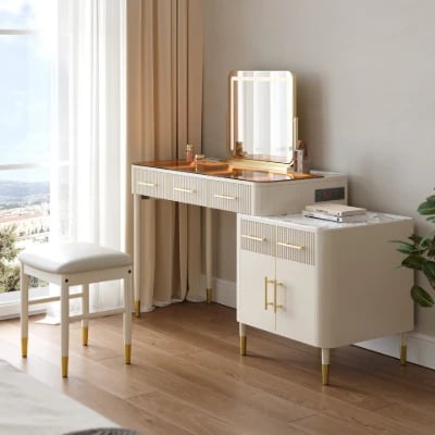 Velona Vanity Set – Natural Wood with Glass & Marble-Look Surfaces, LED Mirror & Chair