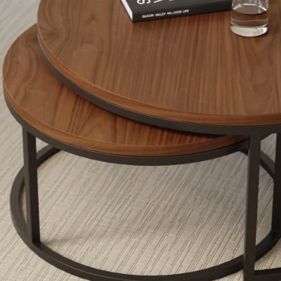 Noctis – Natural Wood TV Stand with Round Coffee Tables