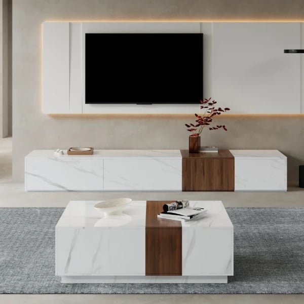 Marquina – Natural Wood TV Unit with Marble-Effect Finish and Matching Coffee Table