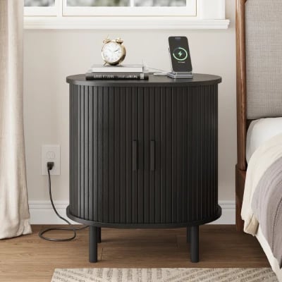 Lumin – Round Side Table with Storage & Charging – Natural Wood