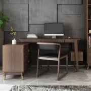 صورة أولتيك – مكتب منزلي خشب طبيعي بشكل حرف ال مع أدراج ورف