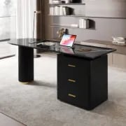 Zavello – Natural Wood Executive Desk with Marble-Look Surface & Gold Accent