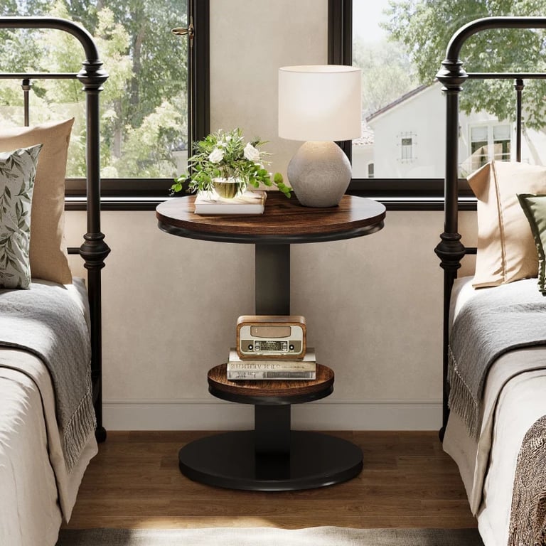 Cairo Side Table with Curved Design & Lower Shelf – Natural Wood