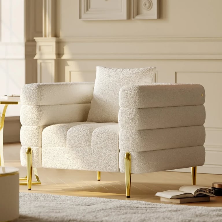 Amélis– Modern Natural Wood Sofa Set with Armchair and Ottoman, Golden Legs