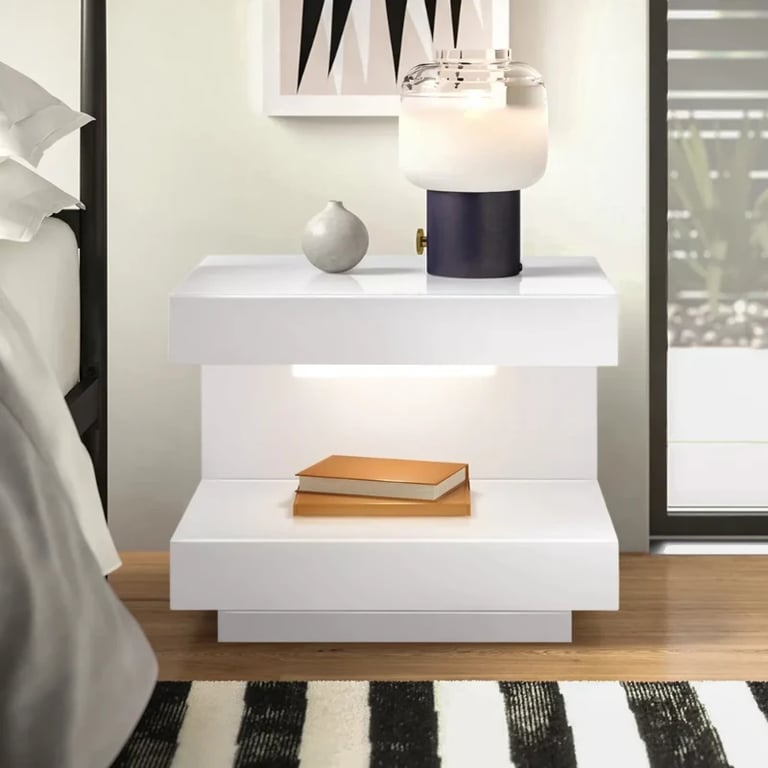 Vens Nightstand – Single Drawer with LED Light and Natural Wood Frame