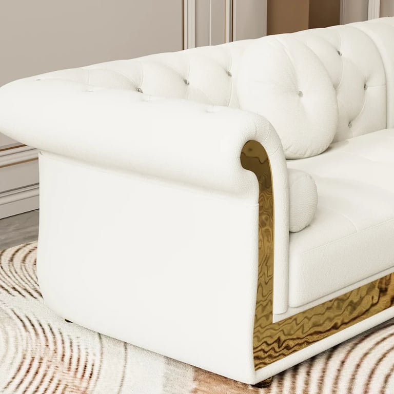 Valencia – Tufted Sectional Sofa made of Natural Wood with Gold Stainless-Steel Touch, featuring Armchair & Chaise Lounge