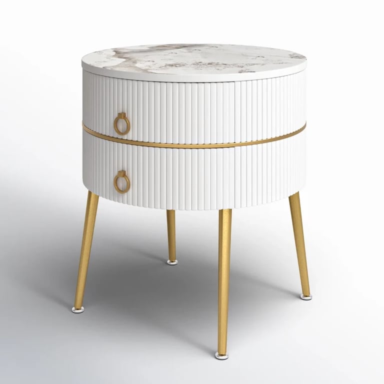 Midwest Round Side Table with Marble-Effect Top – Natural Wood