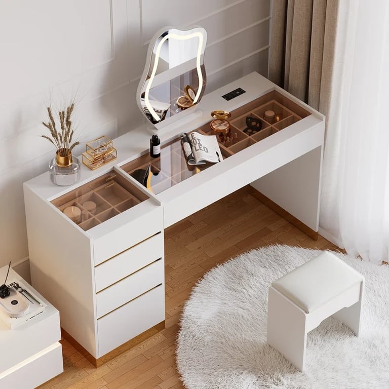 Aurielle – Natural Wood Vanity Set with Chair, LED Mirror, and Multiple Storage Drawers