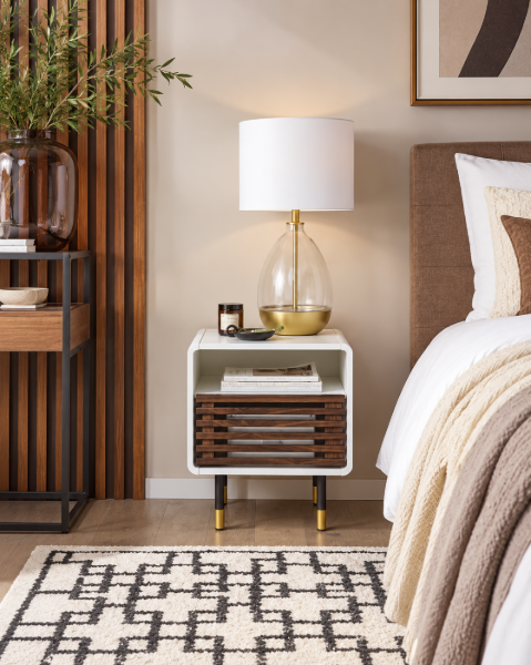 Picture of Elvio Modern Bedside Table – Natural Wood with Open Shelf & Drawer