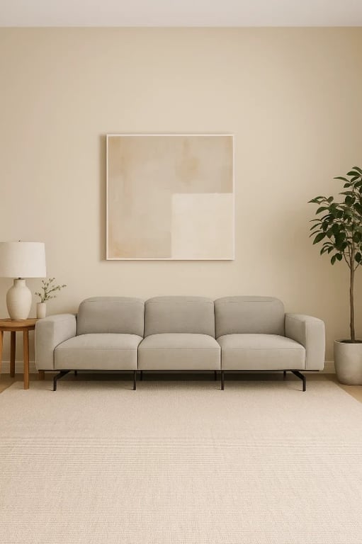 صورة أوليفارو – كنبة بثلاثة مقاعد بتصميم منخفض – بلون بيج رملي وأرجل سوداء مطفية