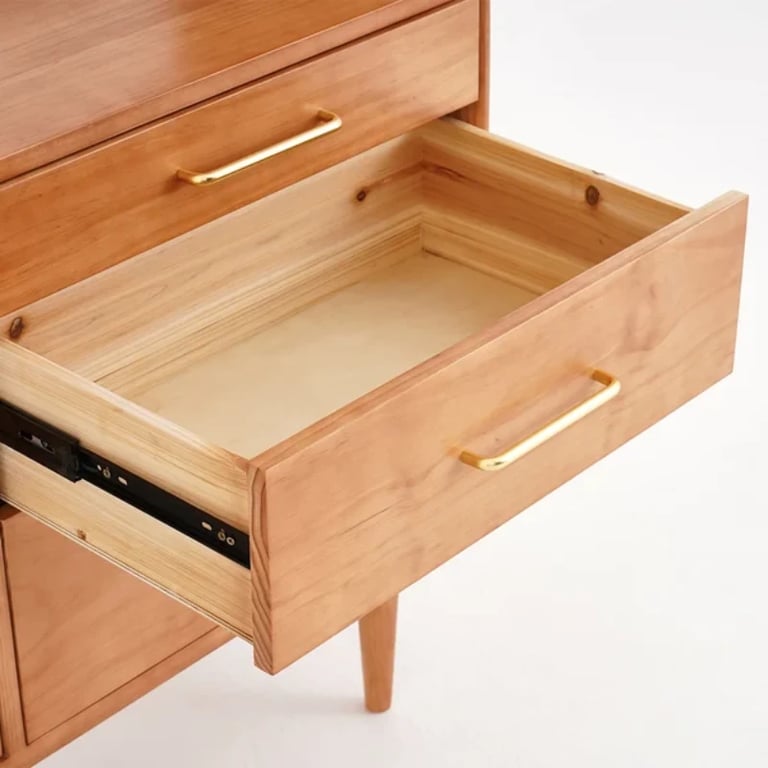 Prosy Kitchen Cabinet – Natural Wood with Glass Doors and Gold Handles