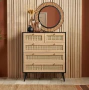 Mireya – 5-Drawer Chest in Natural Wood & Rattan Elegance