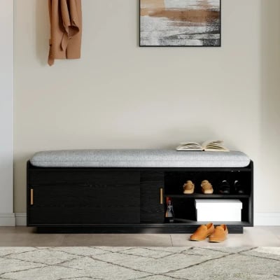 Elara – Natural Wood Storage Bench with Cushioned Seat