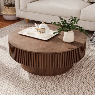 Elyra Round Coffee Table with Hidden Storage – Natural Wood