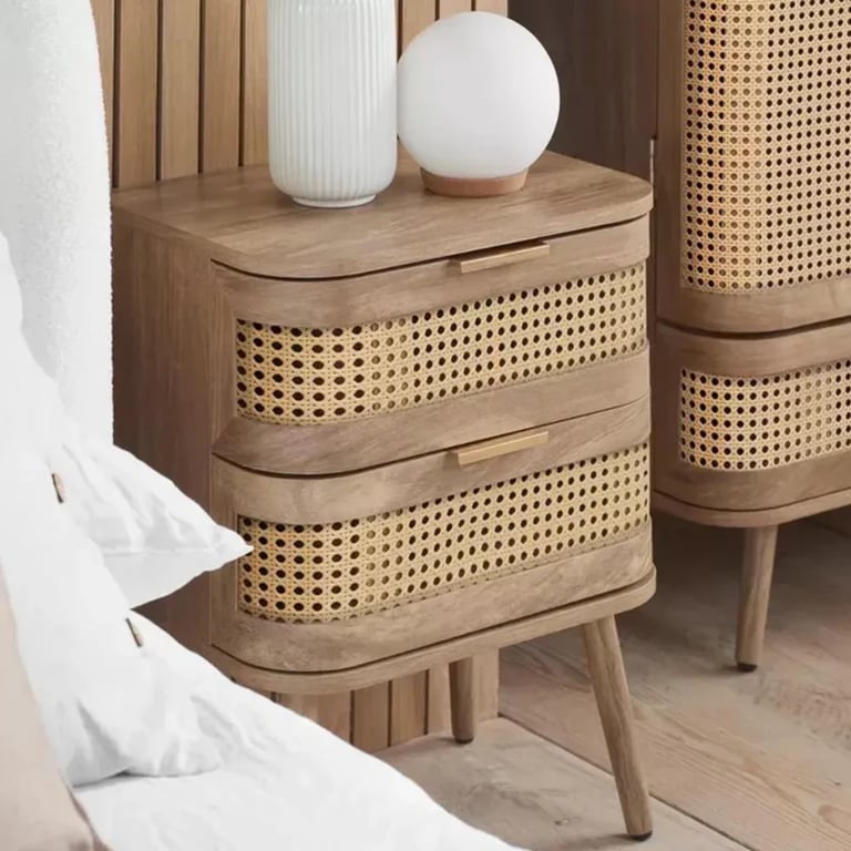 Lyra Side Table – Natural Wood with Rattan Front