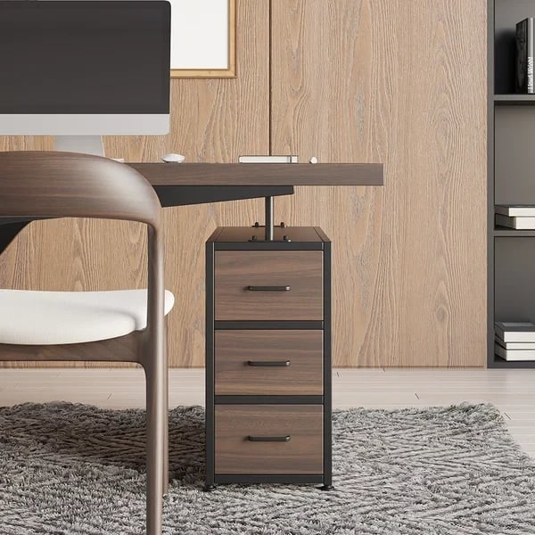 صورة كرامسون – مكتب خشب طبيعي بأرجل معدنية مع رف ودرج