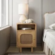Zoya –Natural Wood Rattan Bedside Cabinet with Door & Open Shelf