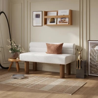 Liora Upholstered Bench with Curved Backrest – Natural Wood