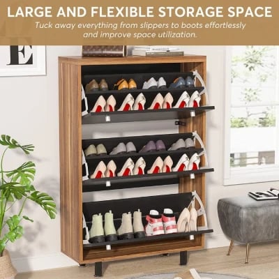 WalnutBlack 24 Pairs Solid + Manufactured Wood Shoe Storage Cabinet