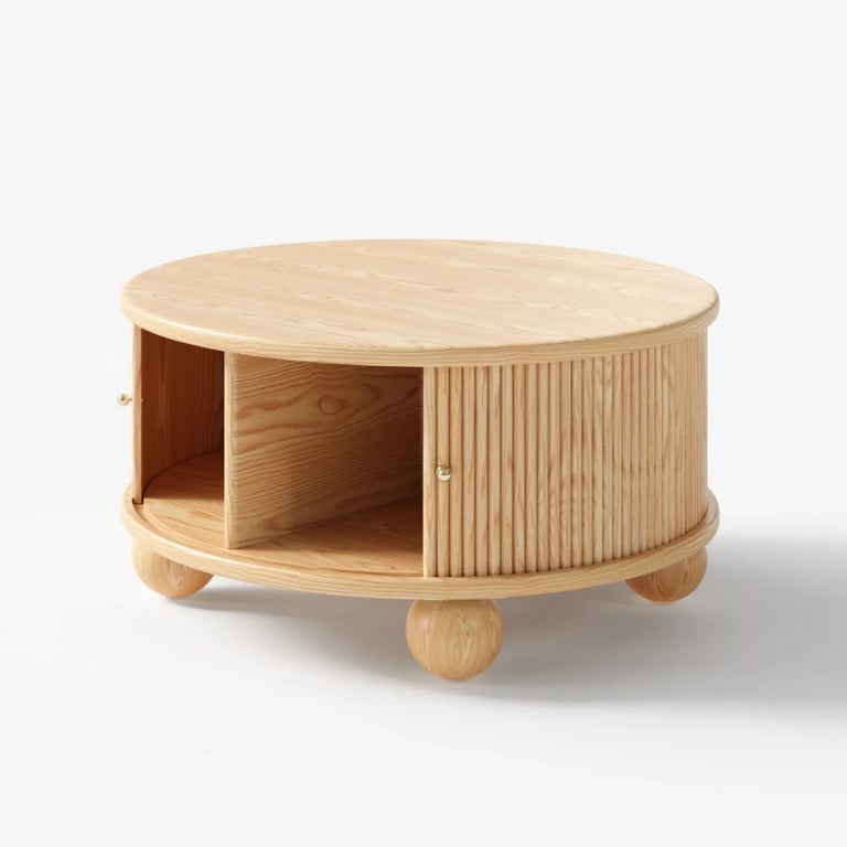 Aureo Round Storage Coffee Table with Sliding Doors – Natural Wood