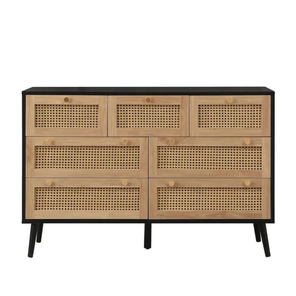 Rivena – Natural & Black Rattan 6-Drawer Wide Chest