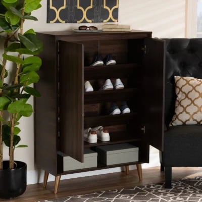 Brixton - Natural Wood Shoe Cabinet with Gold-Tone Legs