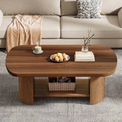 Oria – Modern Coffee Table with Storage Shelf – Natural Wood