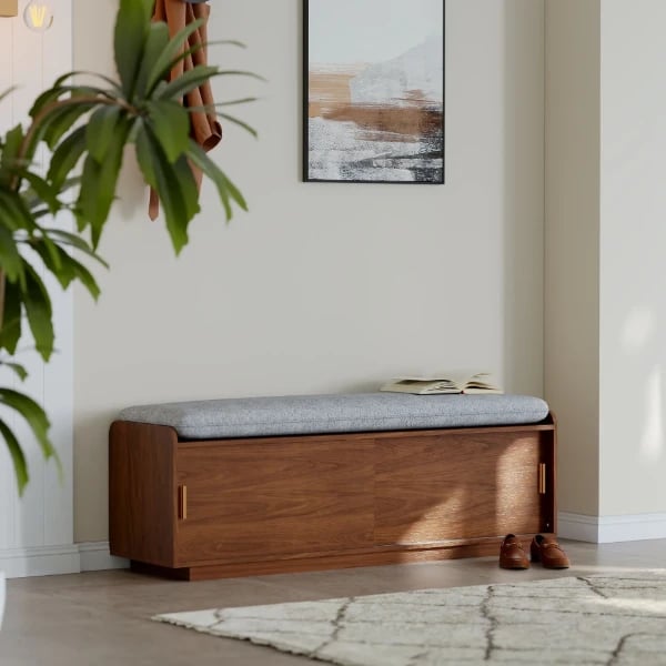 Elara – Natural Wood Storage Bench with Cushioned Seat