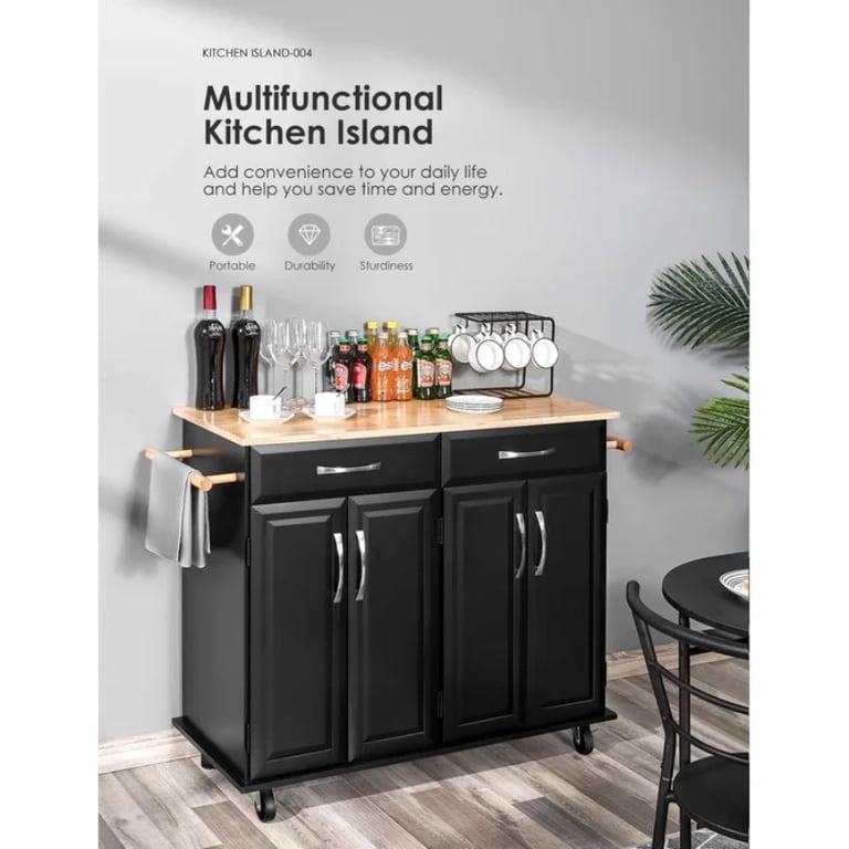 Wide Rolling Kitchen Island with Solid Wood Top