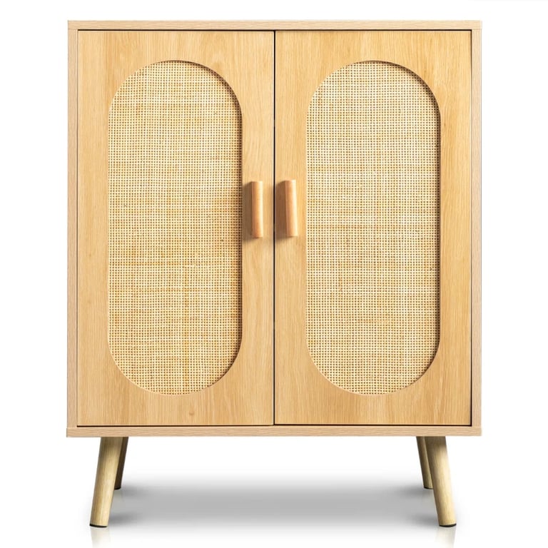 Rubena – Natural Wood Shoe Cabinet with Rattan Front