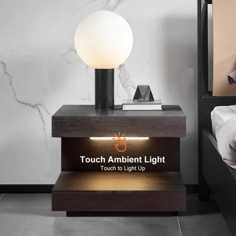 Vens Nightstand – Single Drawer with LED Light and Natural Wood Frame