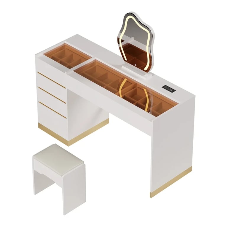 Aurielle – Natural Wood Vanity Set with Chair, LED Mirror, and Multiple Storage Drawers