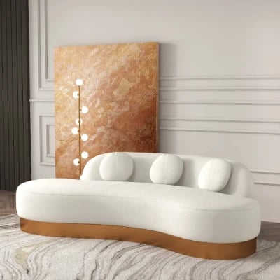Picture of Dermo Modern White & Gold Velvet Curved Sofa for 3 Seaters with Pillows
