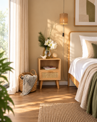 Liora Natural Wood Bedside Table – Open Shelf & Woven Drawer