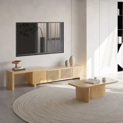 Japandi 63 to 83 Walnut Retracted & Extendable TV Stand with 4 Shelves Up to 85