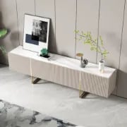 Élory - Natural Wood TV Stand with Stainless Steel Legs & Marble-Look Top
