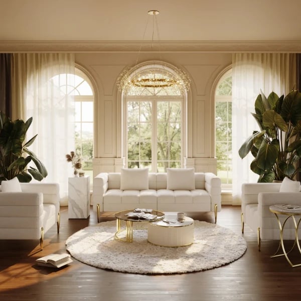 Lumière Sofa Set – 3-Seater Sofa & 2 Armchairs with Golden Metal Legs