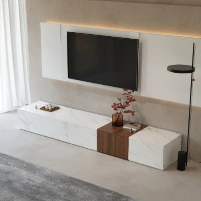 Marquina – Natural Wood TV Unit with Marble-Effect Finish and Matching Coffee Table