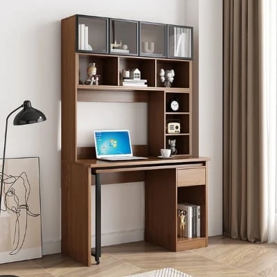 صورة ليڤي – مكتب خشب طبيعي دوّار بشكل ال مع مكتبة