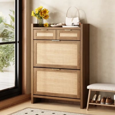 Rivanne - Natural Wood Shoe Cabinet with Rattan Front
