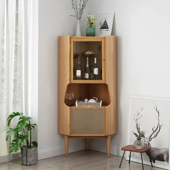 Hutch Natural Corner Cabinet 2-Door with Rattan