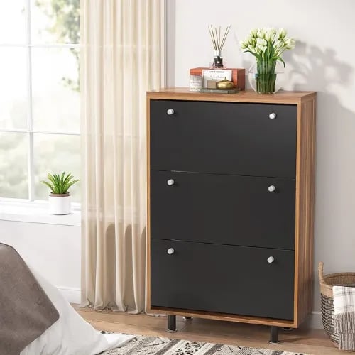 WalnutBlack 24 Pairs Solid + Manufactured Wood Shoe Storage Cabinet