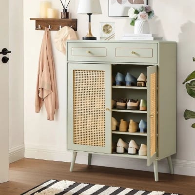 Lévoria - Natural Wood & Rattan Shoe Cabinet