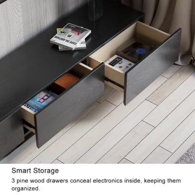 صورة وحدة تلفزيون لوناۤرا قابلة للتوسيع – خشب طبيعي مع 3 أدراج تخزين