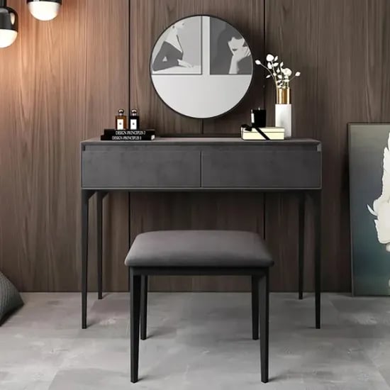 Enigma Vanity with Round Mirror and Elegant Chair – Natural Wood