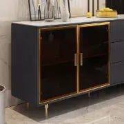 Klamf Sideboard – Natural Wood with Glass Doors and Golden Accents