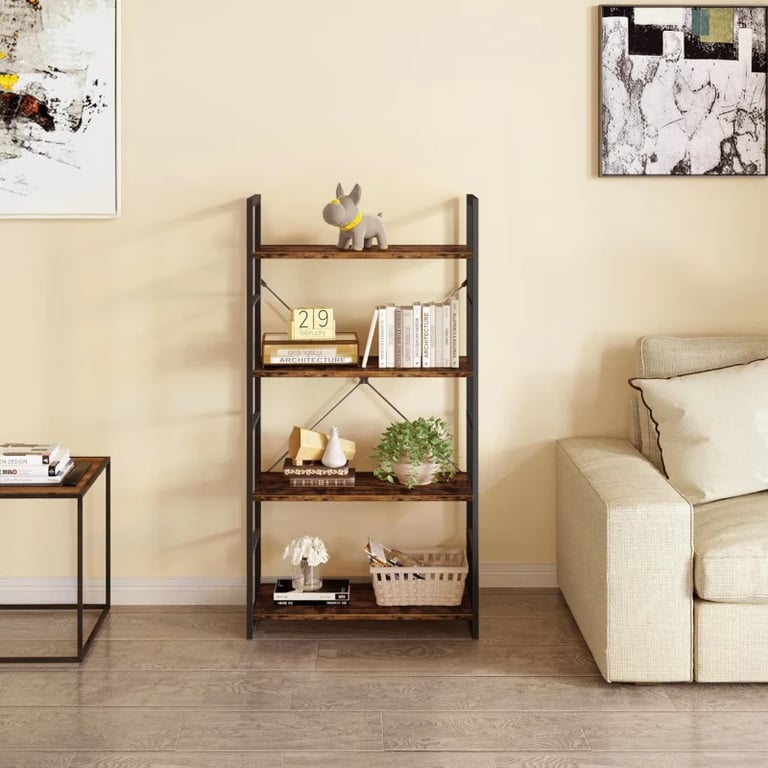 Landrin – Open Bookcase with Natural Wood Shelves & Metal Frame