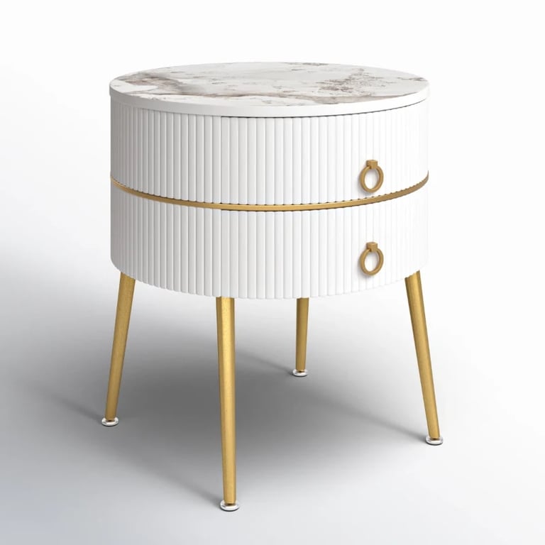 Midwest Round Side Table with Marble-Effect Top – Natural Wood